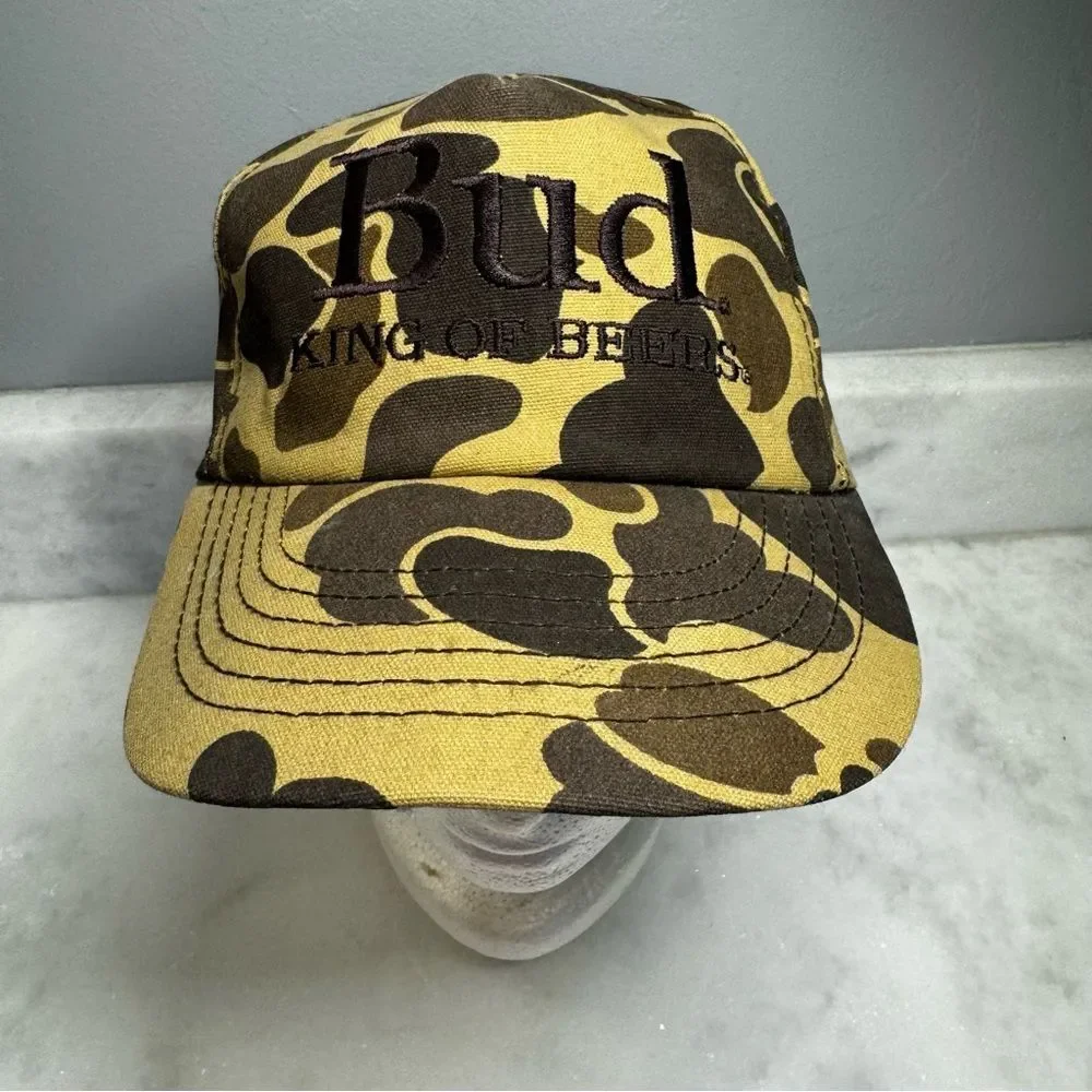 Vintage Bud King Of Beers Hat Cap Mens Snapback Brown Camouflage Made in USA 80s